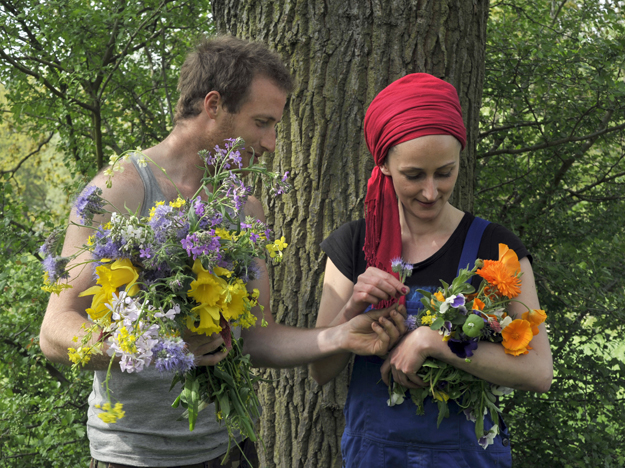 Theo and Nina with this moment's flowers.  Photograph: Martin Slavin